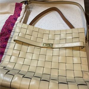 Tory Burch Beige Woven Leather Shoulder Bag